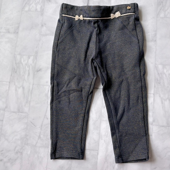 Lili Gaufrette Girl’s Metallic Gold & Navy Blue Jersey Trousers with Bows - Picture 1 of 8